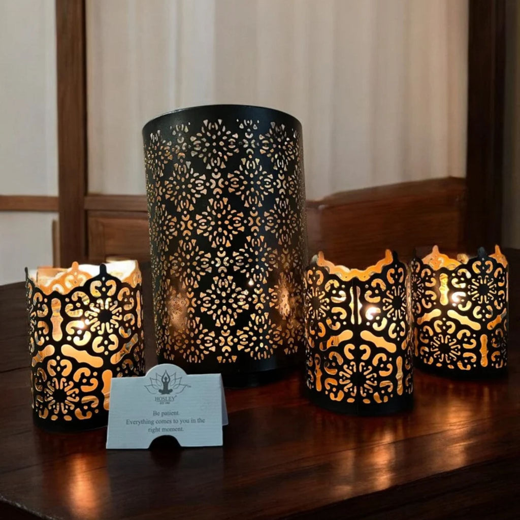 Black Metal Candle Holders, Set of 3, 4 Inch Lanterns