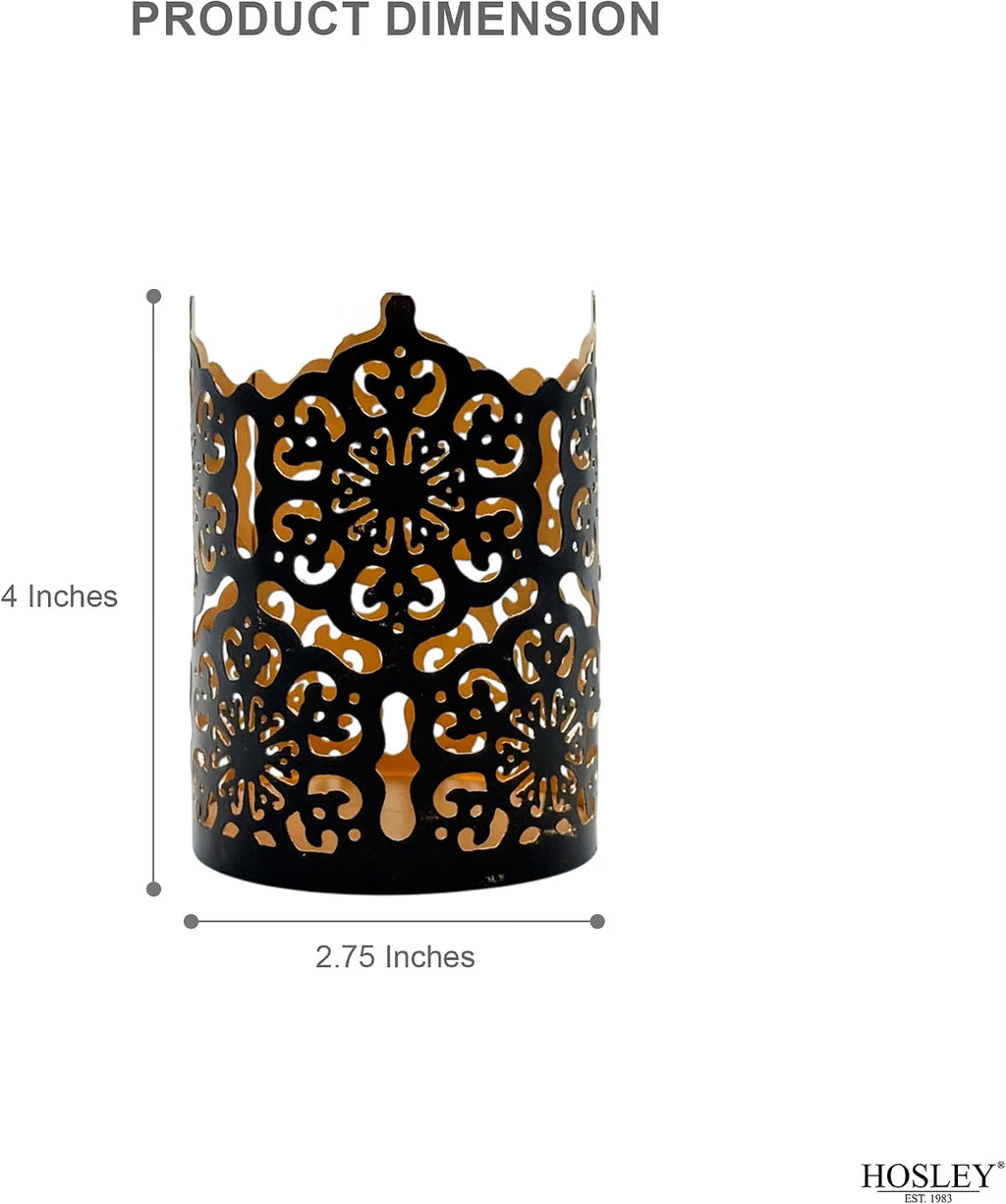 Hosley 4.5" Black Metal Candle Holder Sleeve Gold Interior for Tealights & Votive Candles Decorative Lantern for Home Décor, Weddings, Meditation, & Events