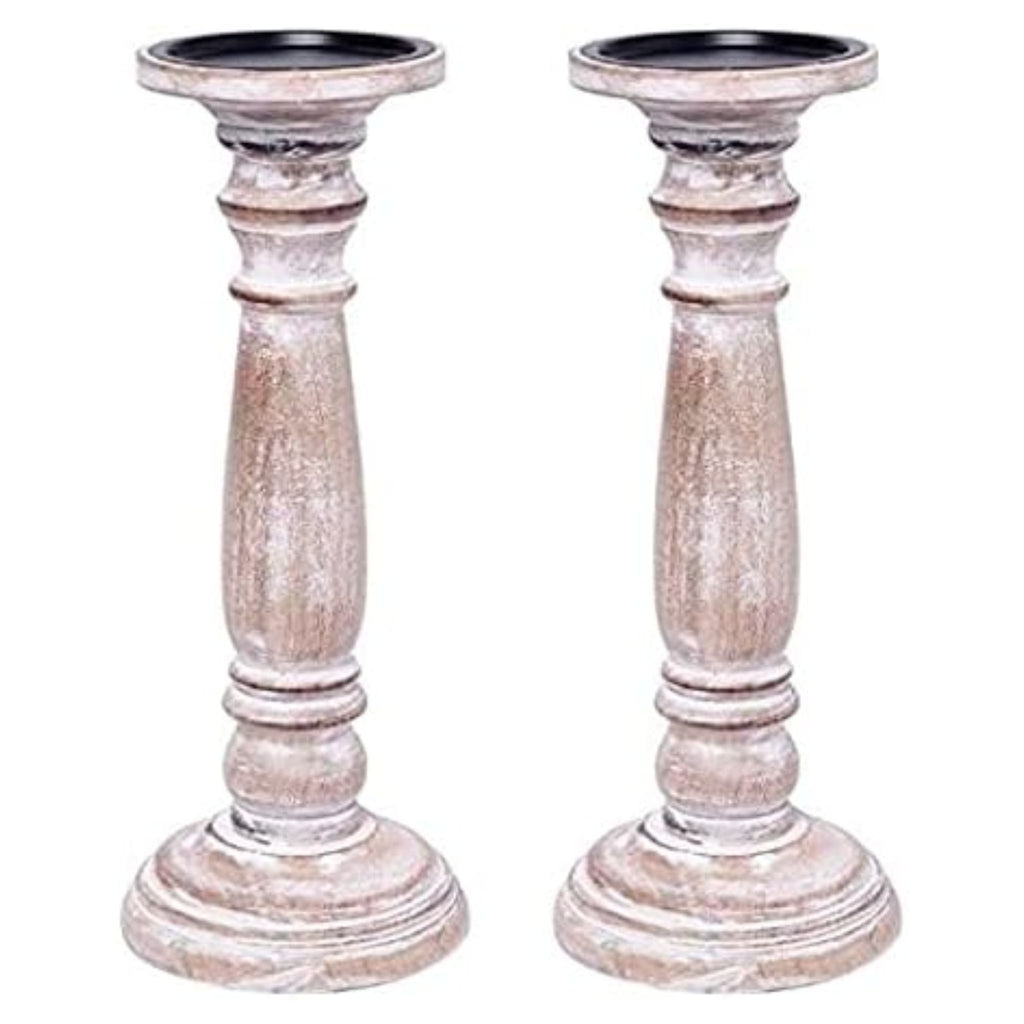 Hosley Farmhouse Wood Pillar Candle Holders, Set of 2