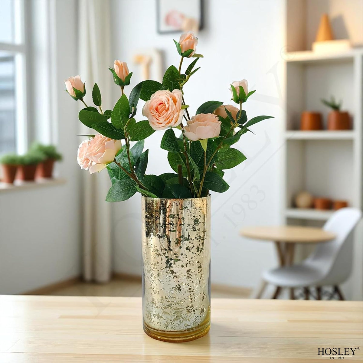 Hosley Set of 2 Mercury Gold Glass Vases, Elegant Centerpieces