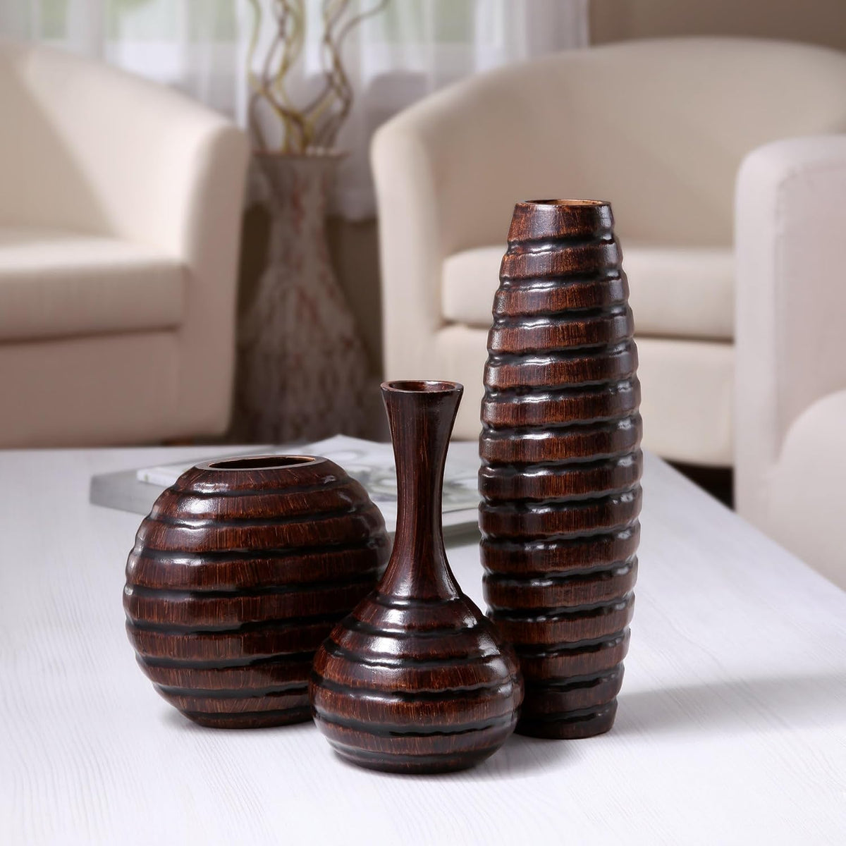 Hosley Carved Wood Vases Set of 3 Small Medium Tall Home Decor