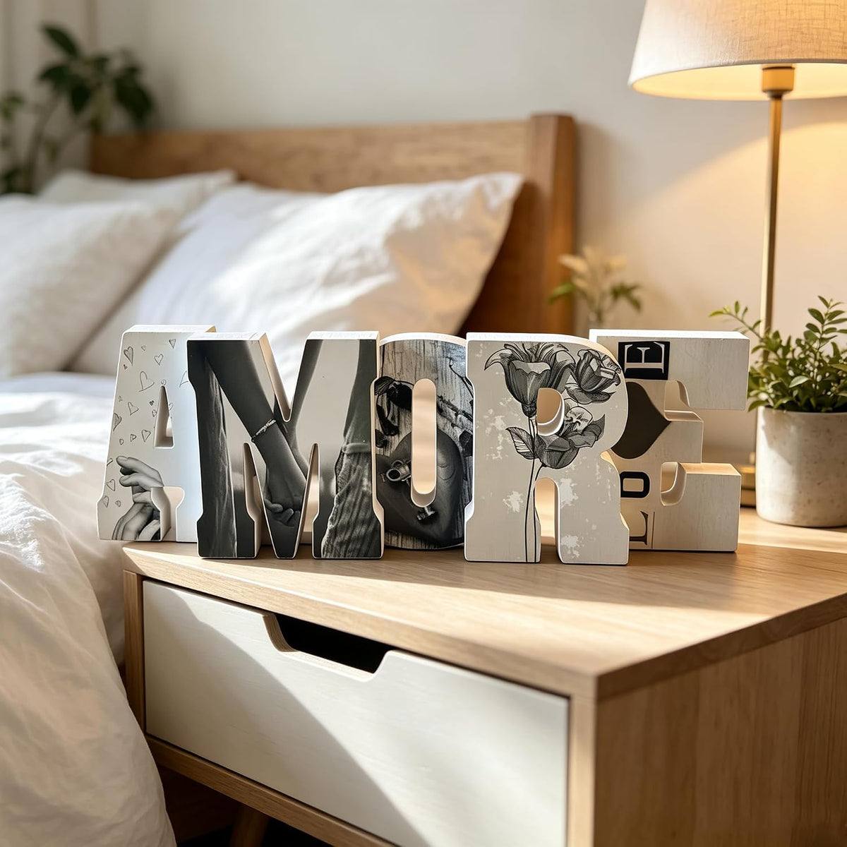 Hosley 16 Inch AMORE Wall Art & Table Decor White Black Accent
