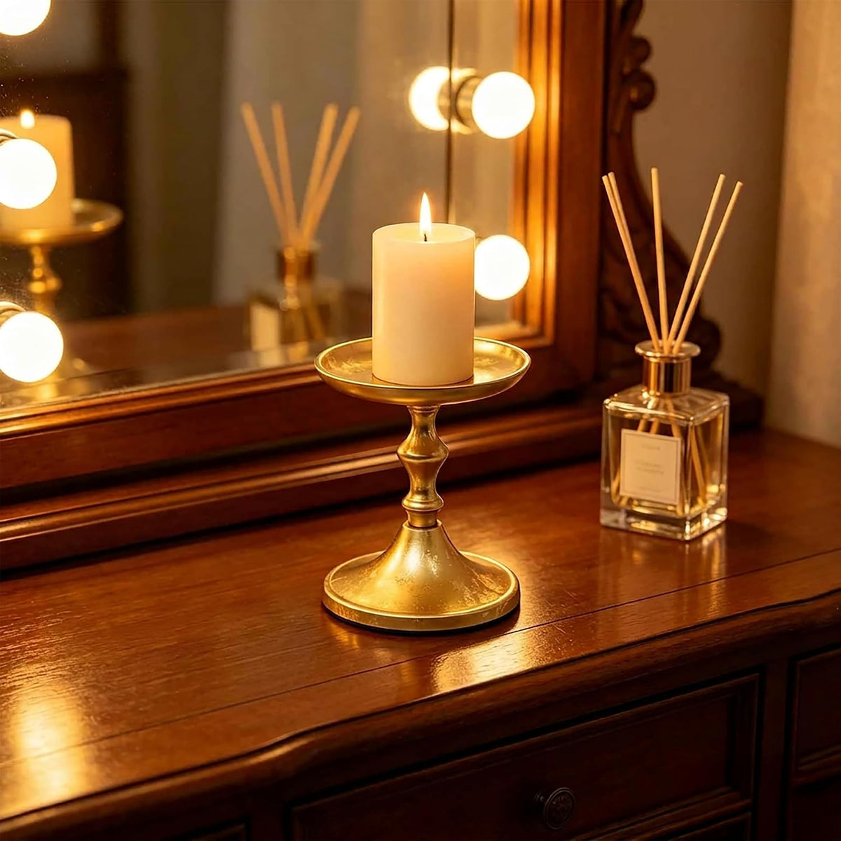 Hosley 5" Gold Aluminum Decorative Pillar Candle Holder