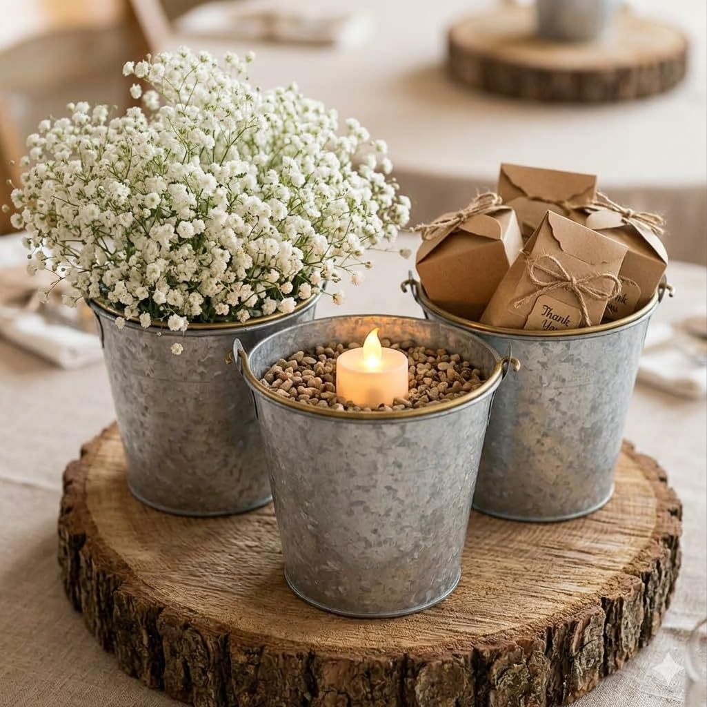 Hosley Galvanized Metal Buckets Gold Handle 6-Pack Party Favors