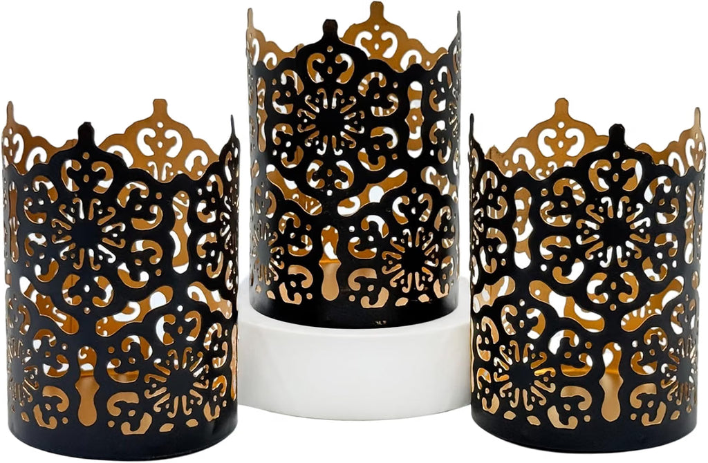 Hosley 4.5" Black Metal Candle Holder Sleeve Gold Interior for Tealights & Votive Candles Decorative Lantern for Home Décor, Weddings, Meditation, & Events