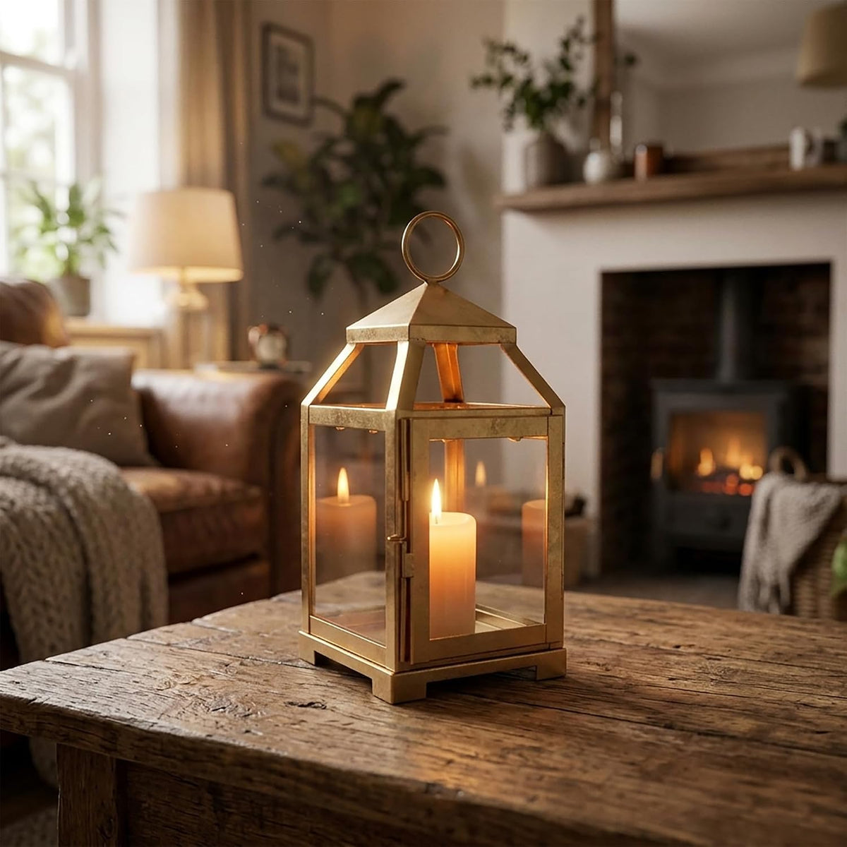 Hosley 12 Inch Clear Glass & Gold Iron Classic Lantern Decor