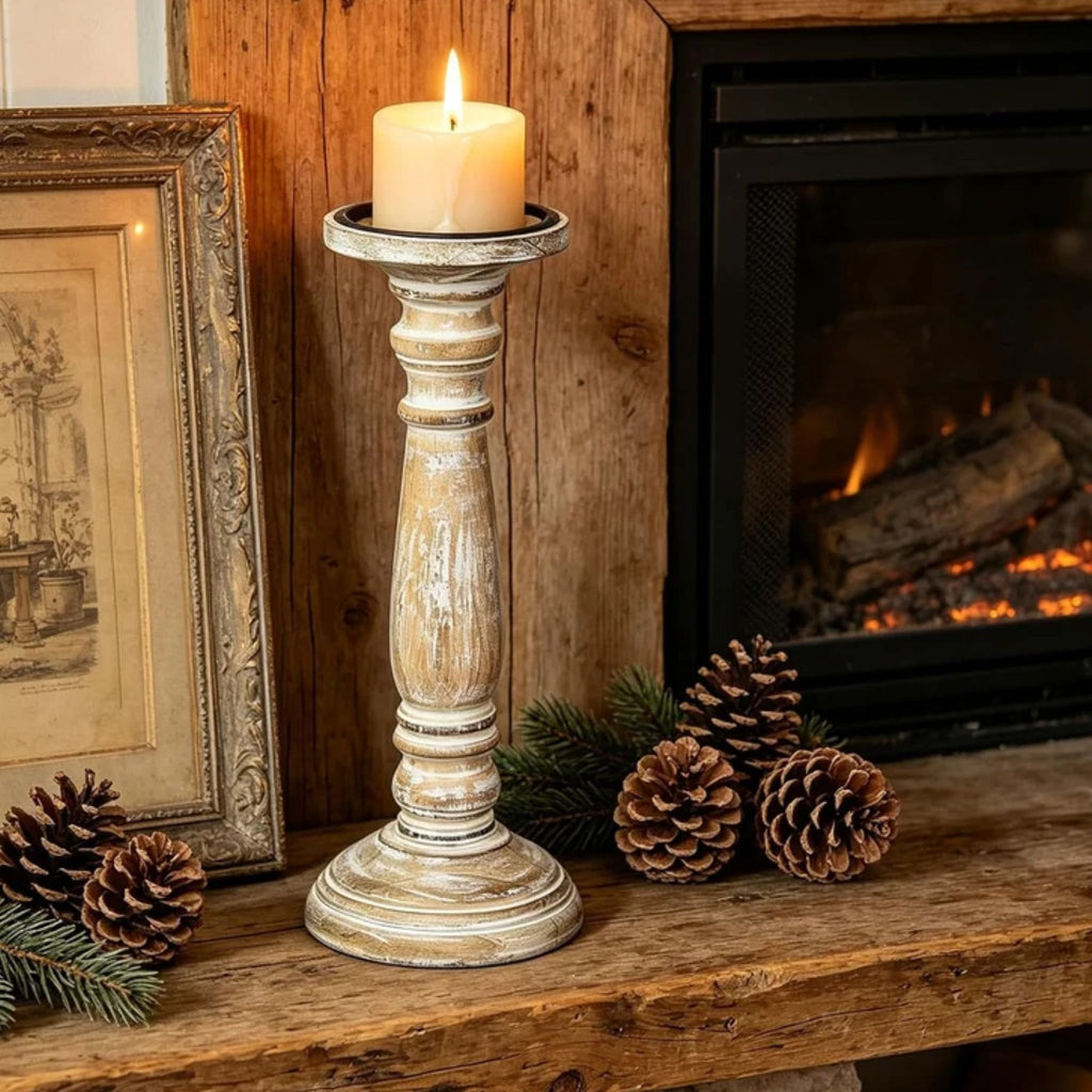 Hosley Farmhouse Wood Pillar Candle Holders, Set of 2