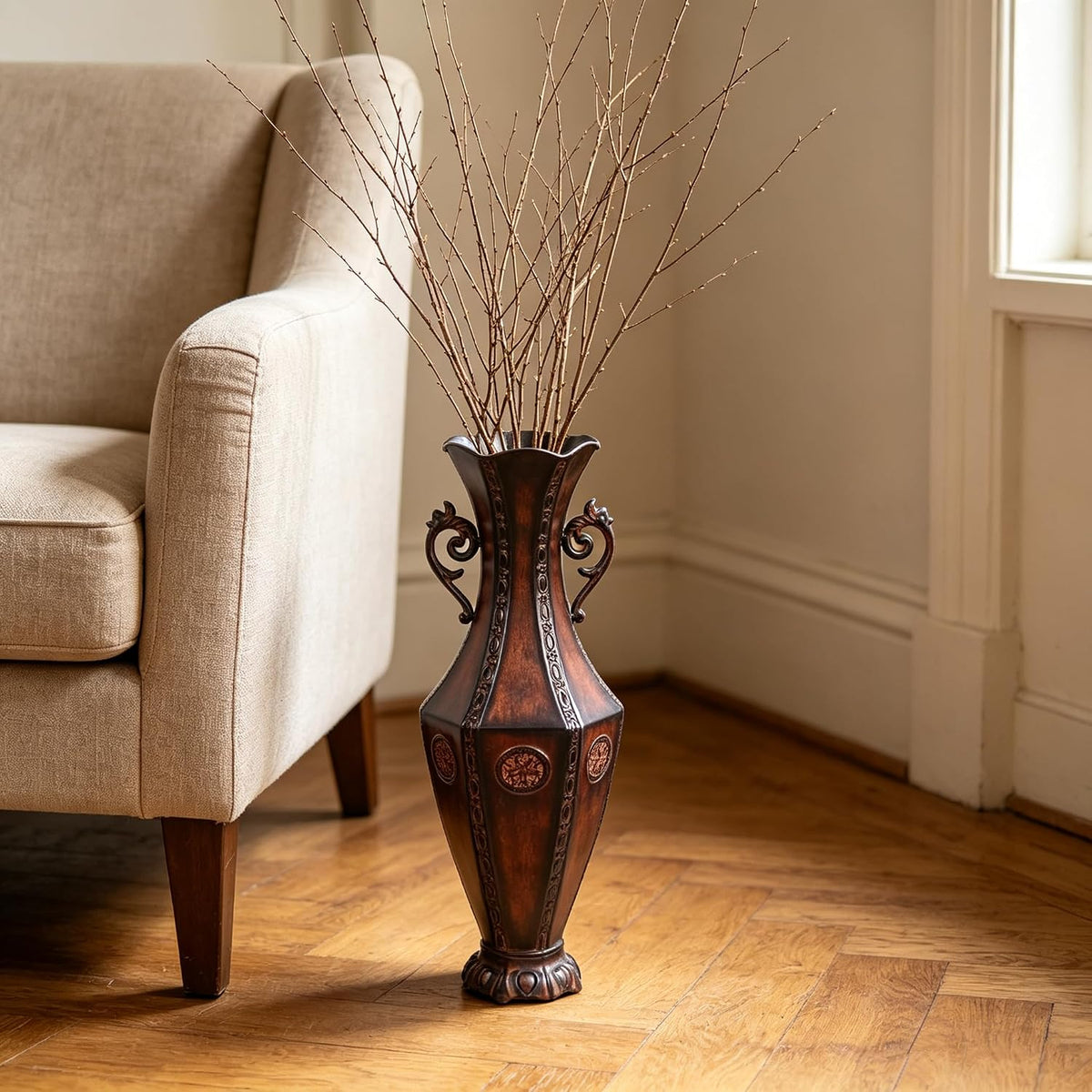 Hosley Decorative Embossed Metal Tall Floor Vase, 24 Inch