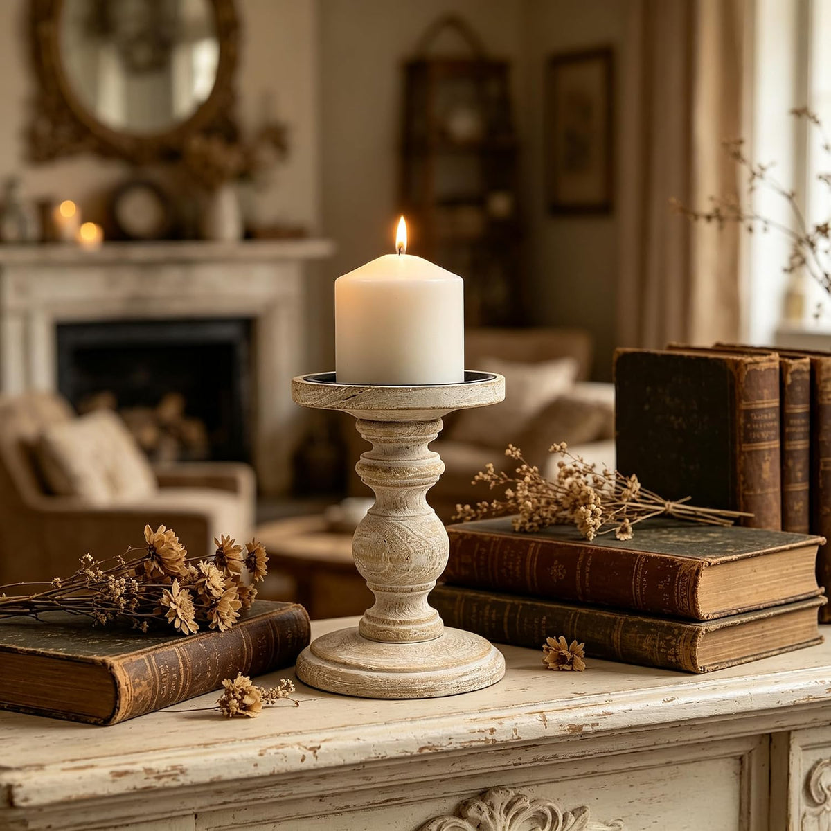 Hosley Set of 2 Antique White Wooden Pillar Candle Holders