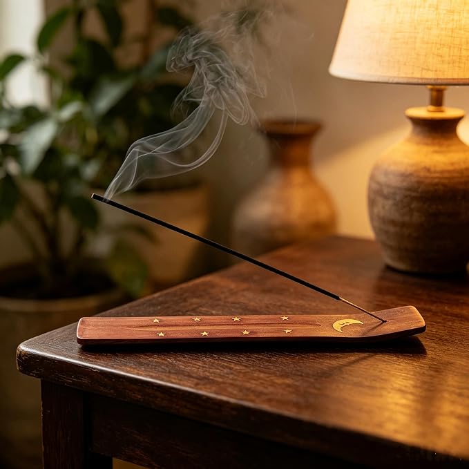 Hosley 10 Inch Celestial Moon Wood Incense Holder Warm Brown Decor