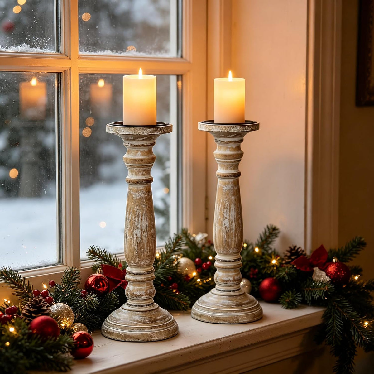 Hosley Set of 2 Distressed Wood Pillar Candle Holders, 12"