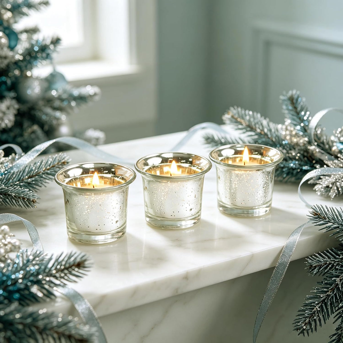 Hosley Set of 6 Antique Silver Metallic Glass Tealight Holders