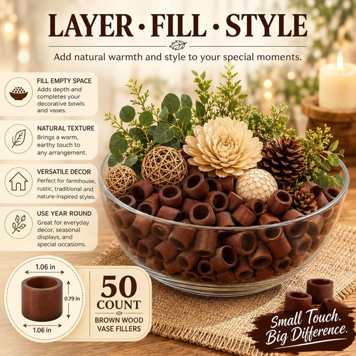 Hosley 50Pcs Rustic Wood Bottle Cap Rings for DIY Crafts