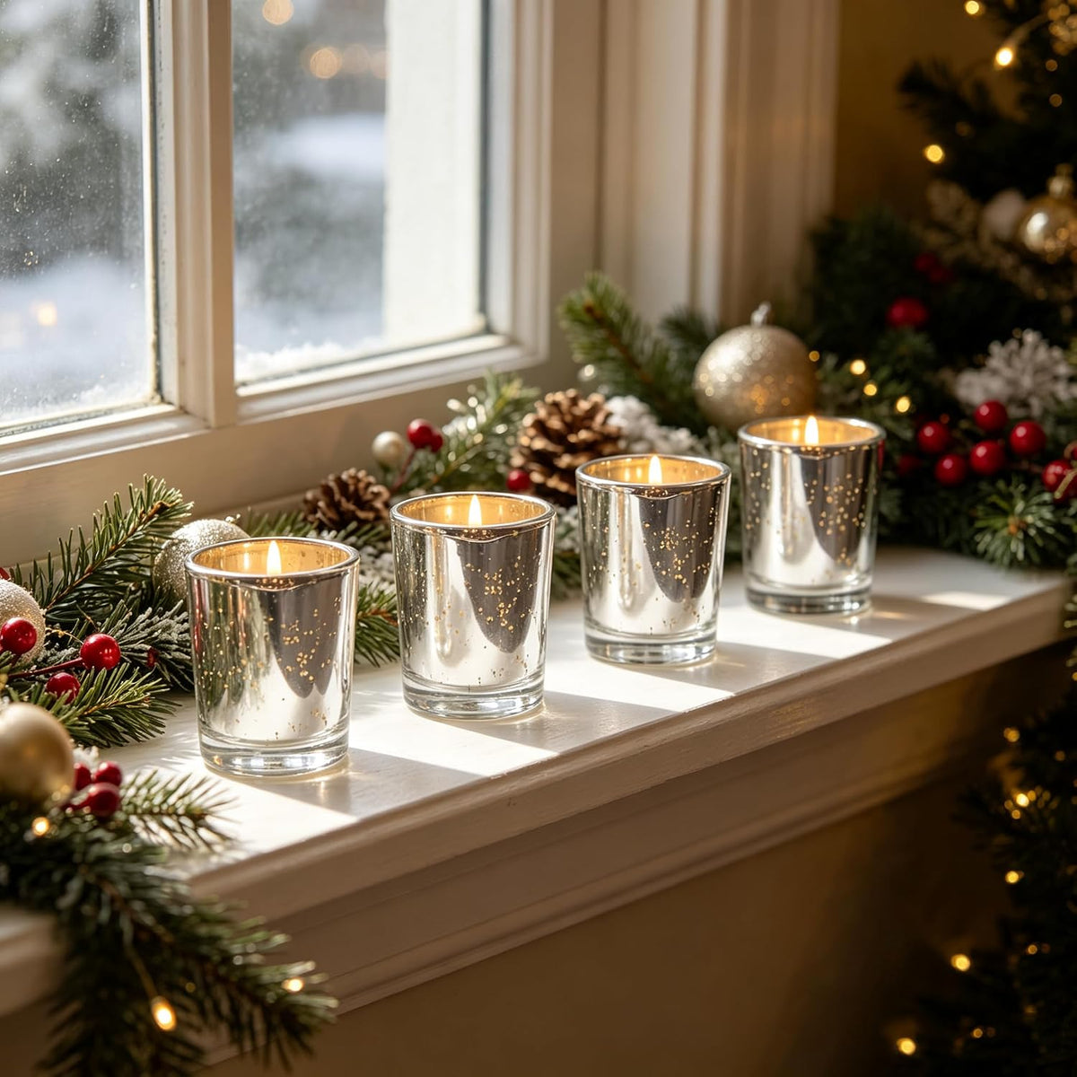 Hosley Set of 8 Metallic Mercury Glass Votive Tealight Holders Silver