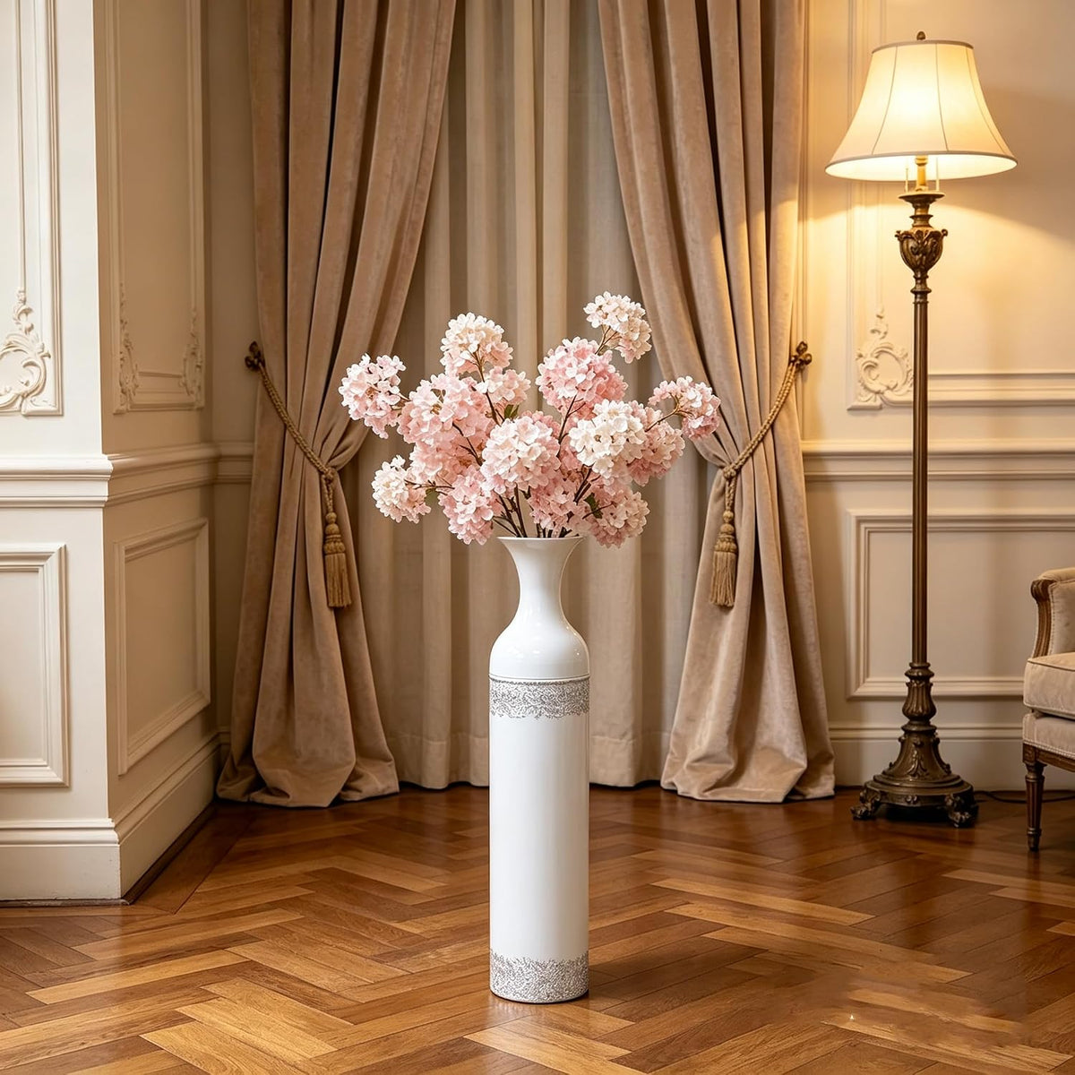 Hosley 24-Inch Whitewash Metal Bottle Floor Vase, Farmhouse Decor