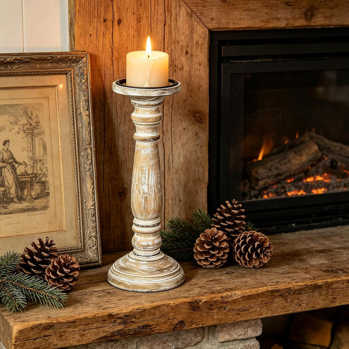 Hosley 12-Inch Distressed Wood Pillar Candle Holder