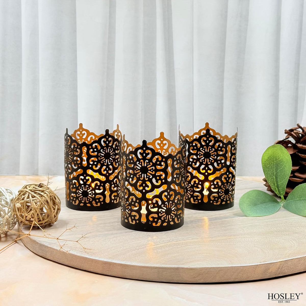 Hosley 4.5" Black Metal Candle Holder Sleeve Gold Interior for Tealights & Votive Candles Decorative Lantern for Home Décor, Weddings, Meditation, & Events
