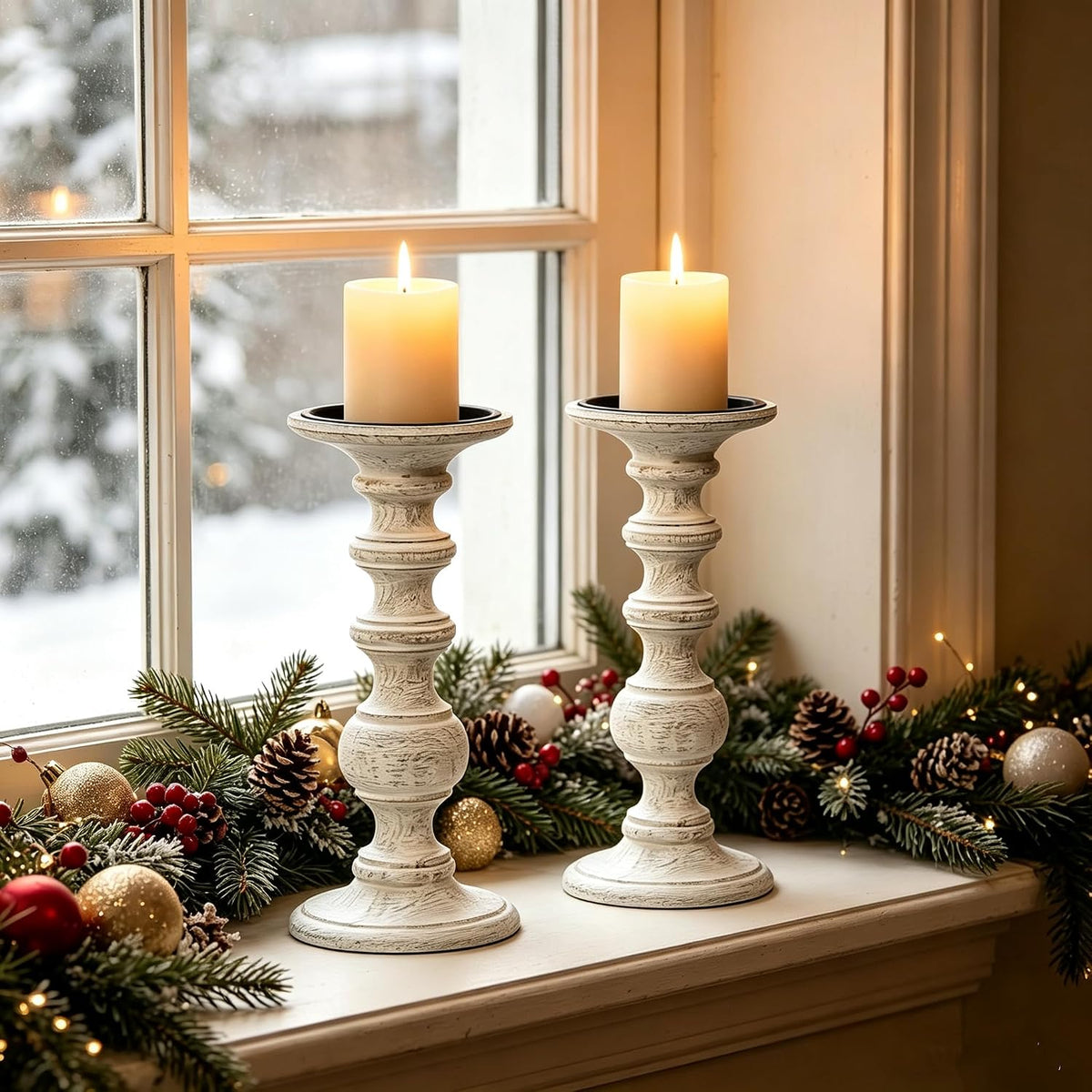 Hosley Set of 2 Antique White Wood Pillar Candle Holders 9 Inch
