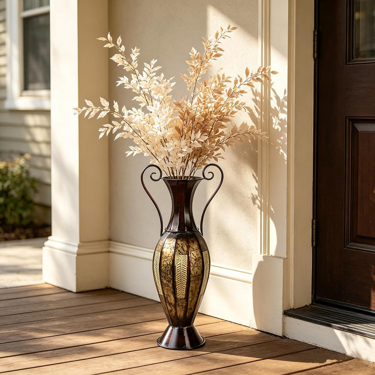 Hosley 26-Inch Two-Tone Metal Floor Vase with Handles, Tall Décor