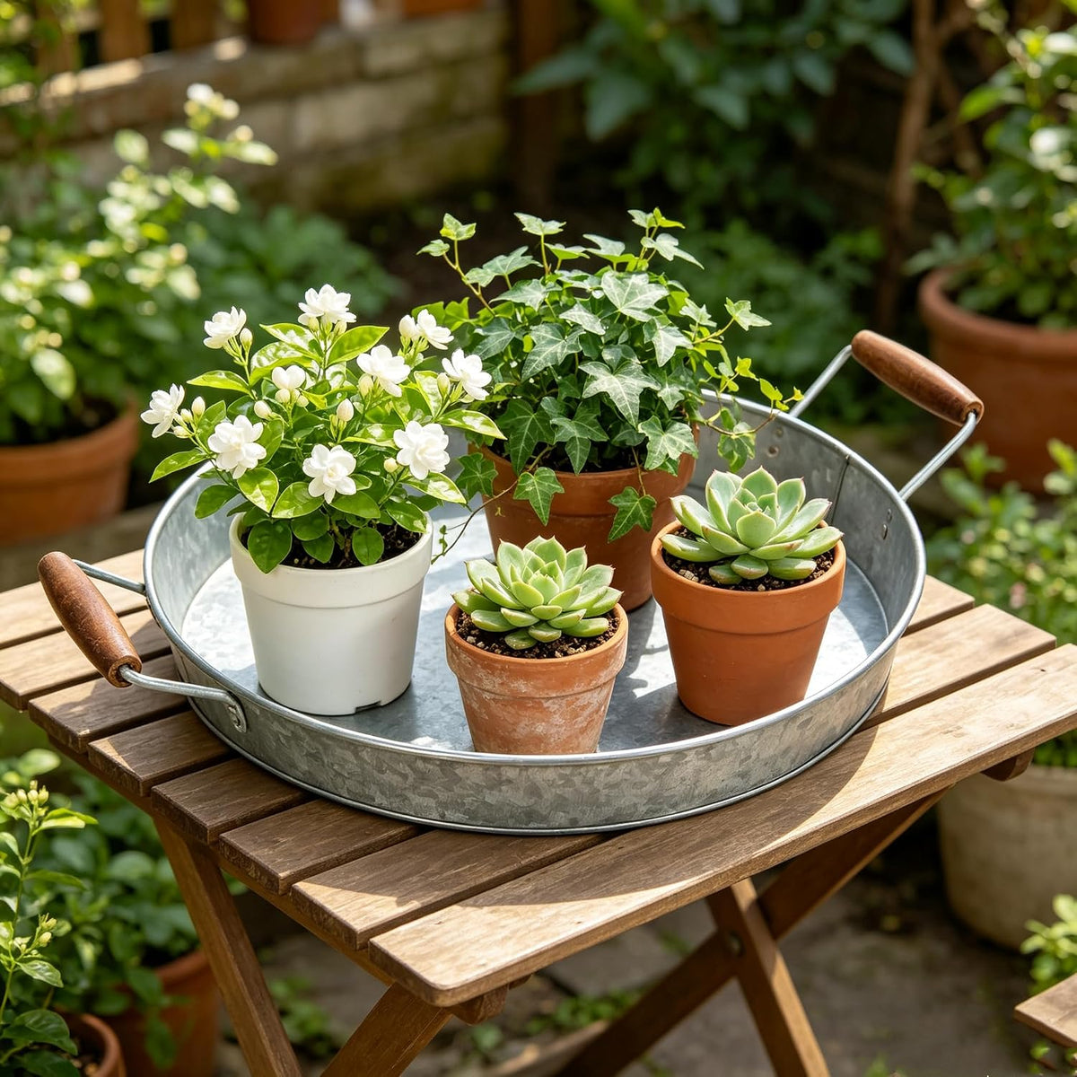 Hosley Set of 2 Galvanized Serving Trays, 16 Inch, Wooden Handles
