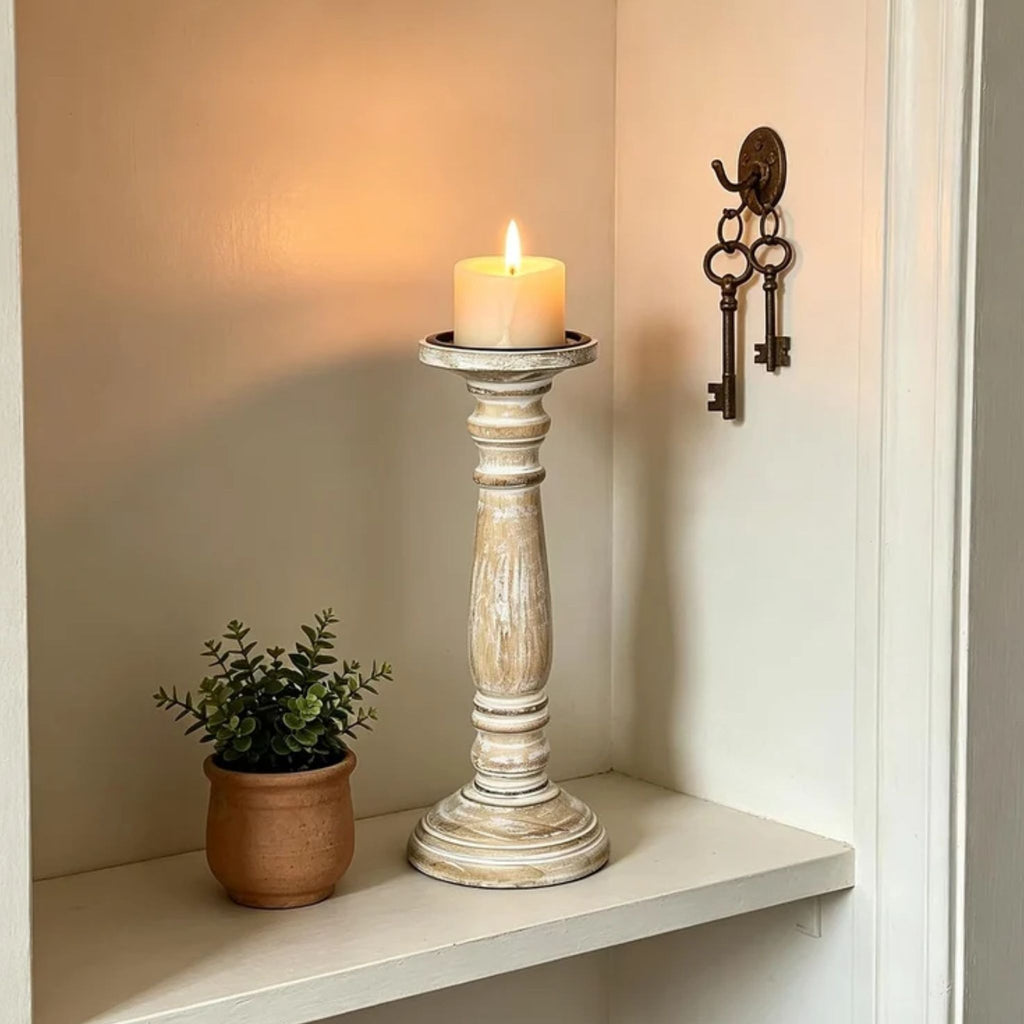 Hosley Farmhouse Wood Pillar Candle Holders, Set of 2