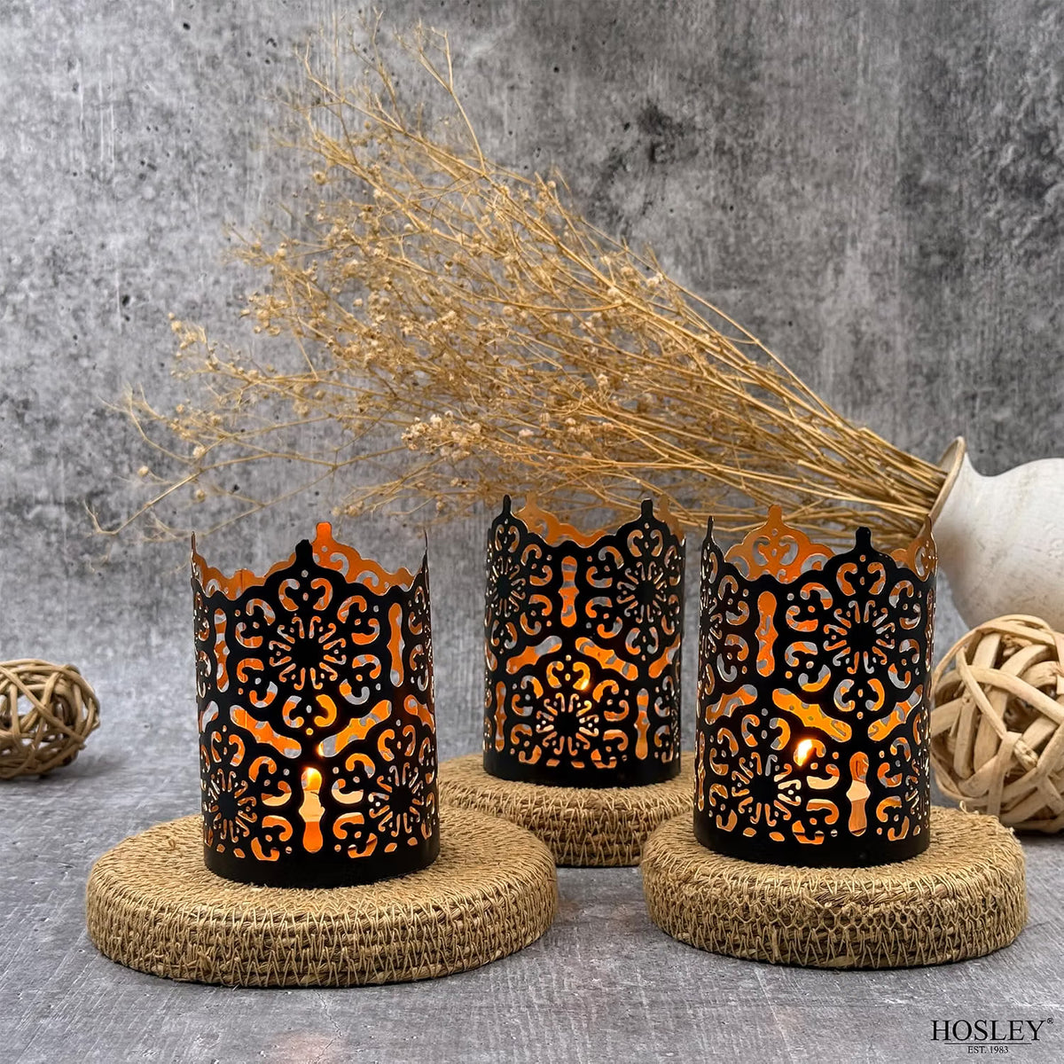 Hosley 4.5" Black Metal Candle Holder Sleeve Gold Interior for Tealights & Votive Candles Decorative Lantern for Home Décor, Weddings, Meditation, & Events