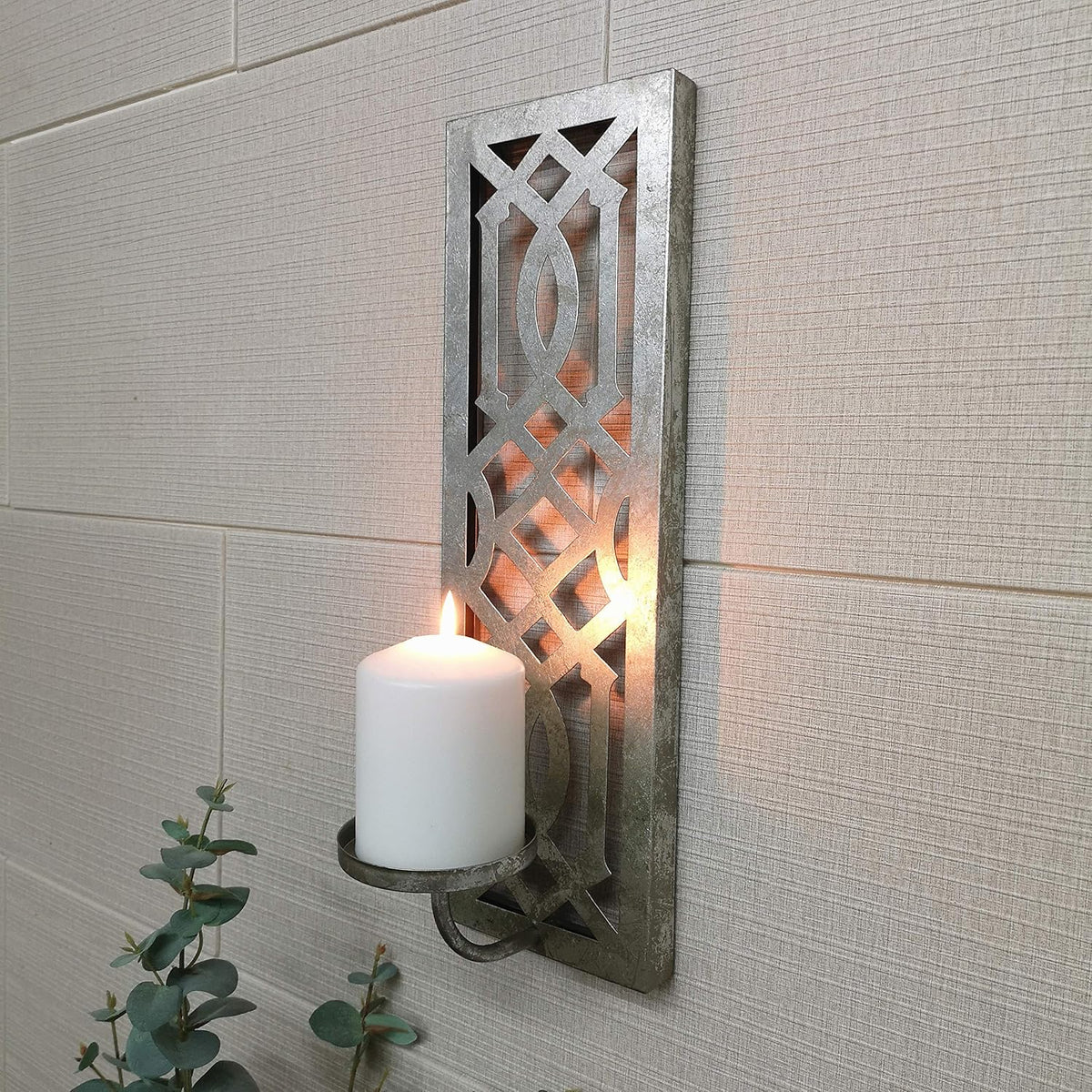 Hosley Iron Wall Pillar Candle Sconces Set of 2 Mid Century Silver