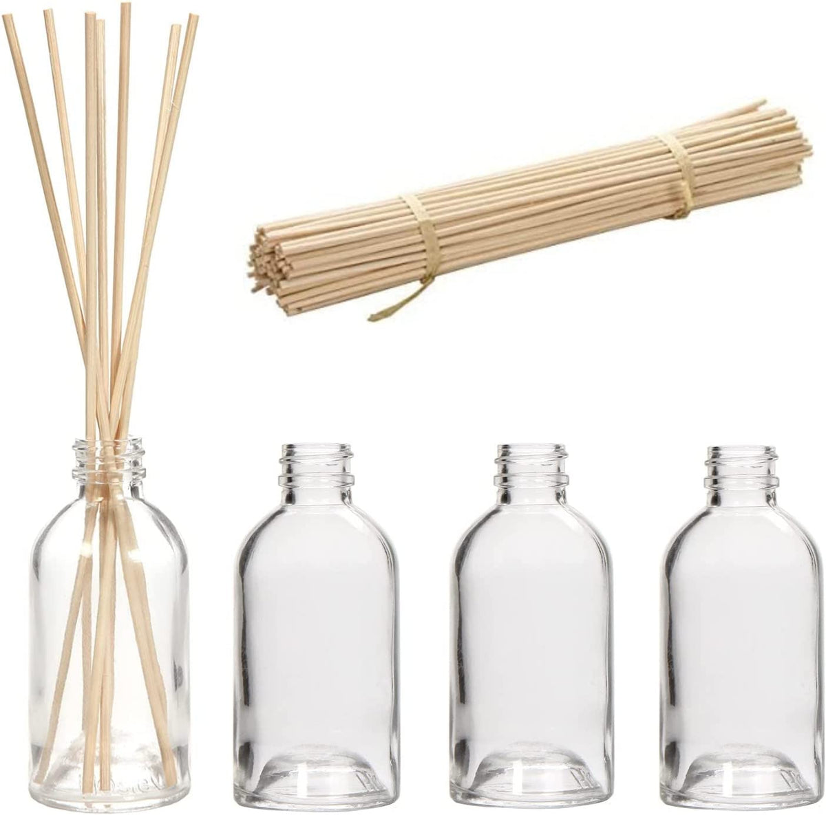 Set of 4 Diffuser Boston Round Style Glass Diffuser Bottles 85 Milliliter with Bulk Pack of 100 Rattan Diffuser Reeds 8.75 High, Diffusers Craft Projects Wedding Party O6