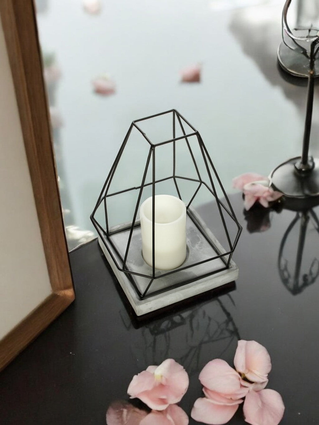 Iron Lantern with Cement Tray, 11 inches High