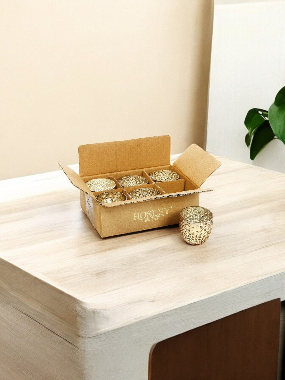 Glass Crackle Votive Tealight Candle Holder, Metallic Gold Finish, Set of 6, 2.75 inches each