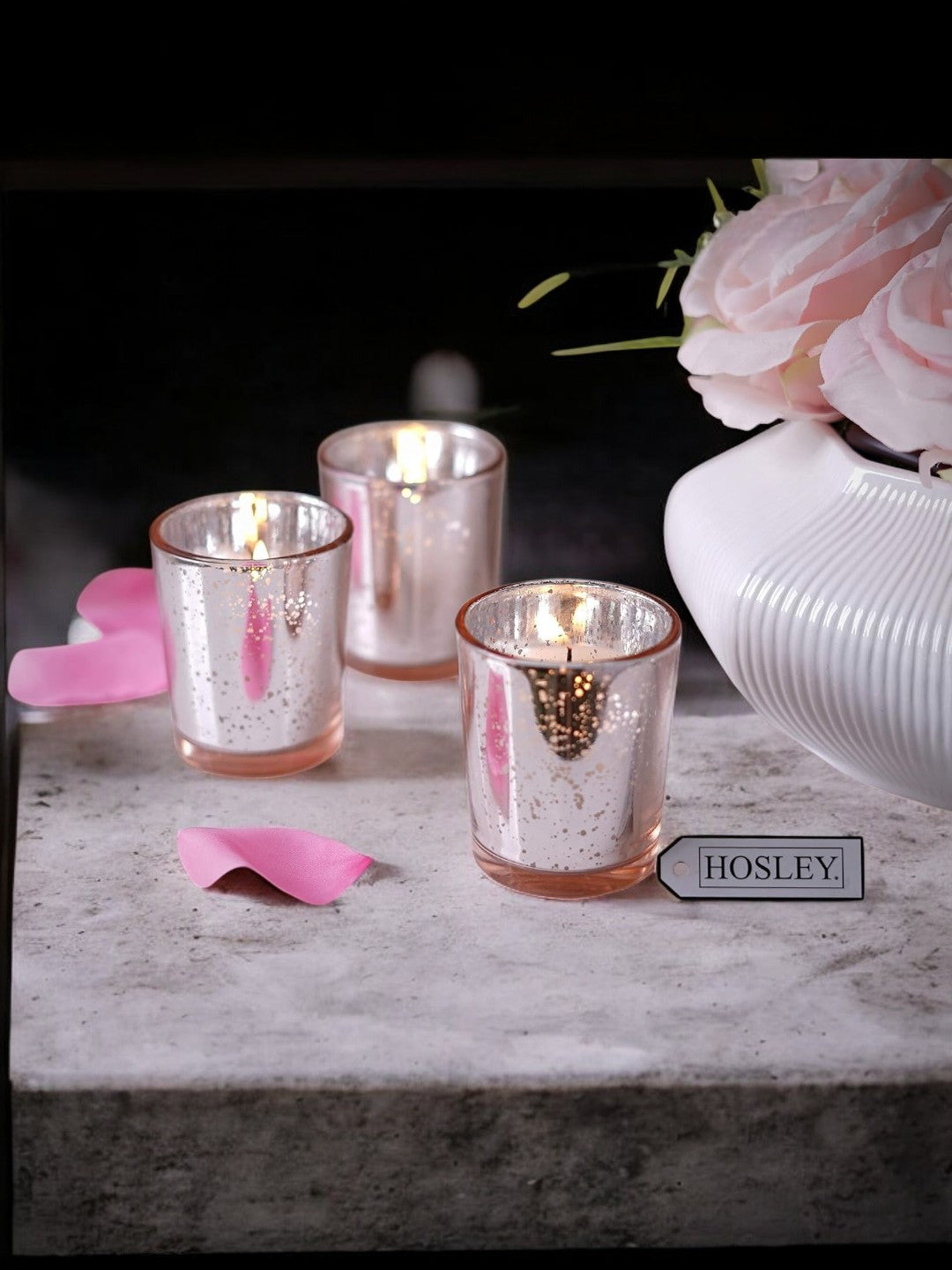 Glass Tea Light Candle Holder, Metallic Rose Gold Finish, Set of 7, 2.65inches High each