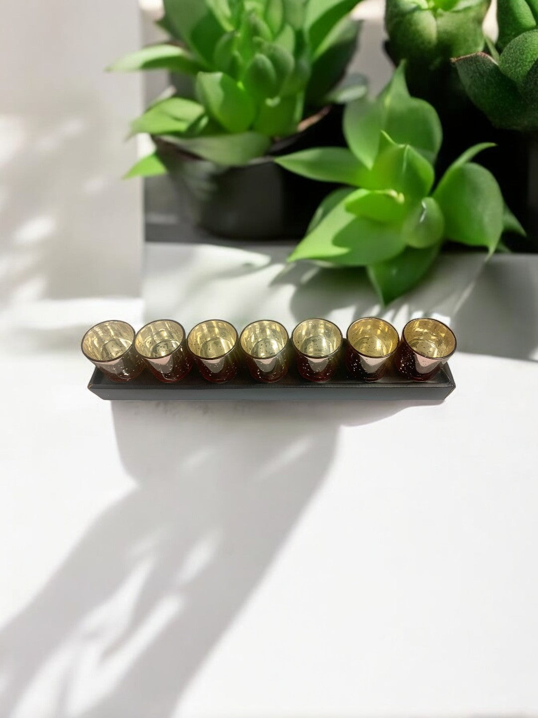 Glass Tea Light Candle Holder, Metallic Rose Gold Finish, Set of 7, 2.65inches High each
