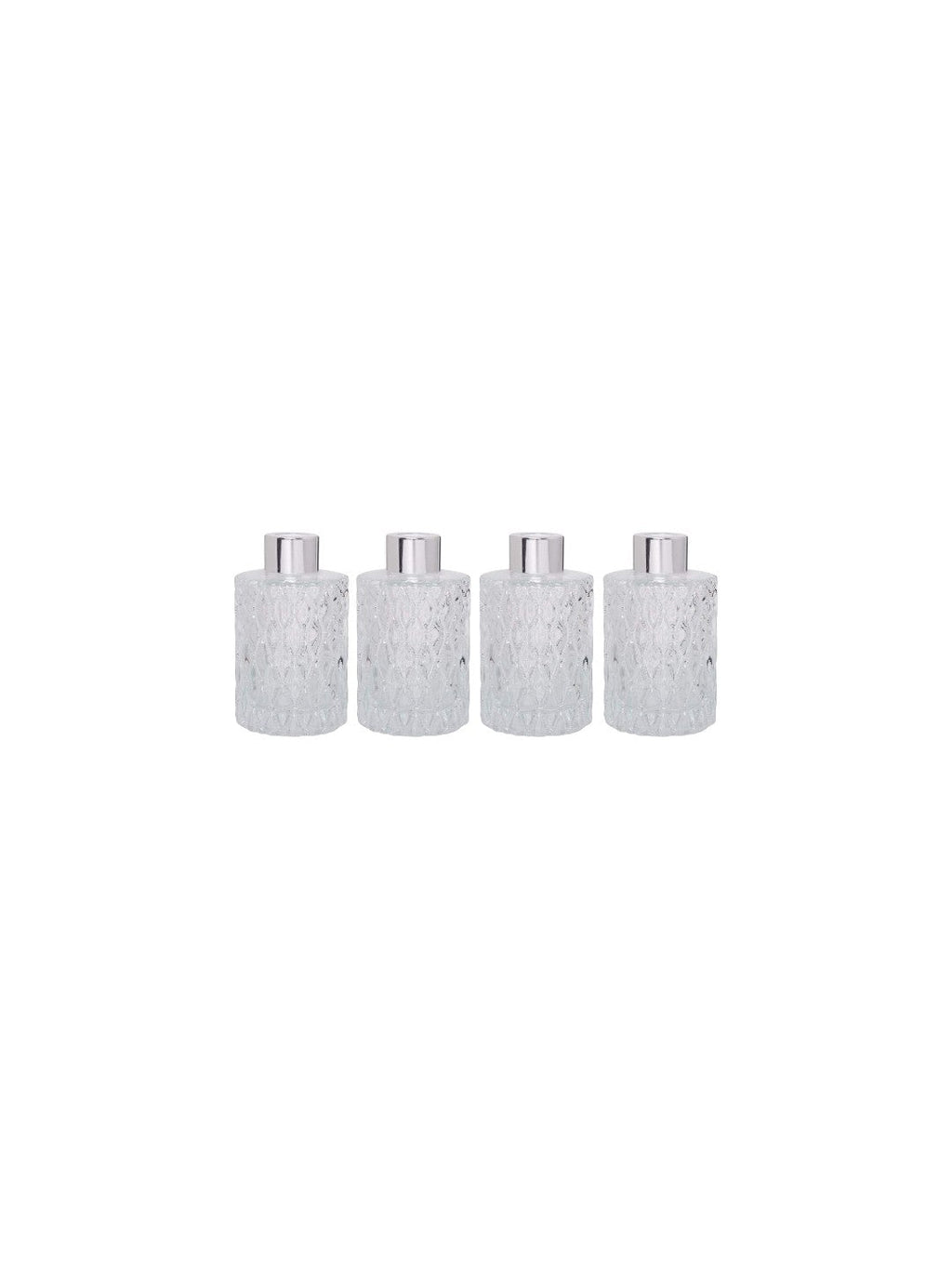 Set of 4 Mid Century Modern Glass Diffuser Bottles 4 Inch High. Ideal for Use with Essential Oils Replacement Diffusers and Reed Sticks DIY Crafts O3 Silver