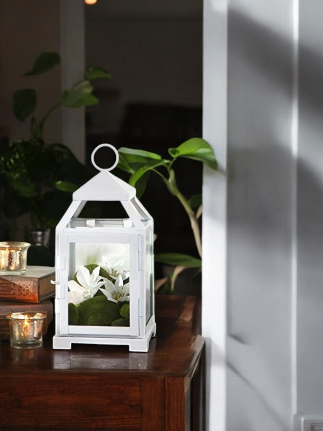12-Inch-High Clear Glass and Iron White Classic Style Lantern