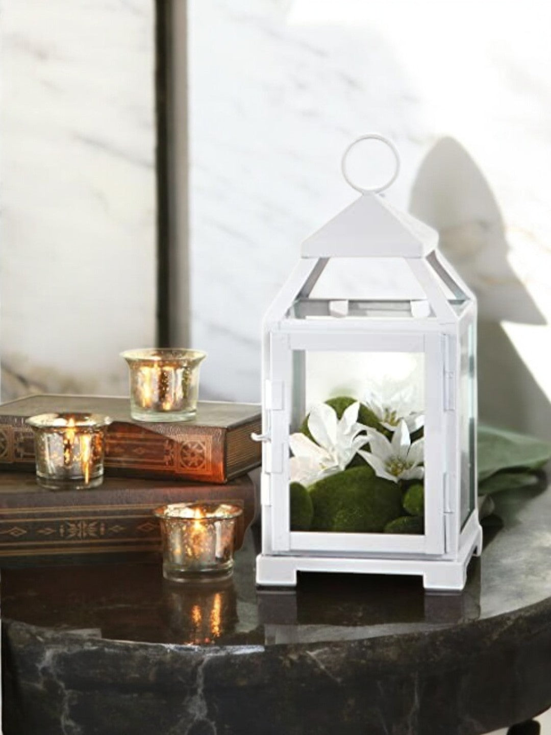 12-Inch-High Clear Glass and Iron White Classic Style Lantern