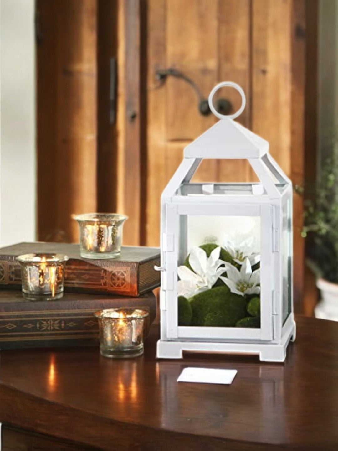 12-Inch-High Clear Glass and Iron White Classic Style Lantern