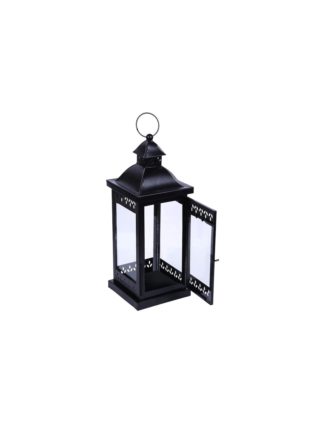 15 Inch High Large Clear Glass Iron Classic Style Lantern Black. Ideal Gift for Parties Weddings Aromatherapy and LED Spa Settings