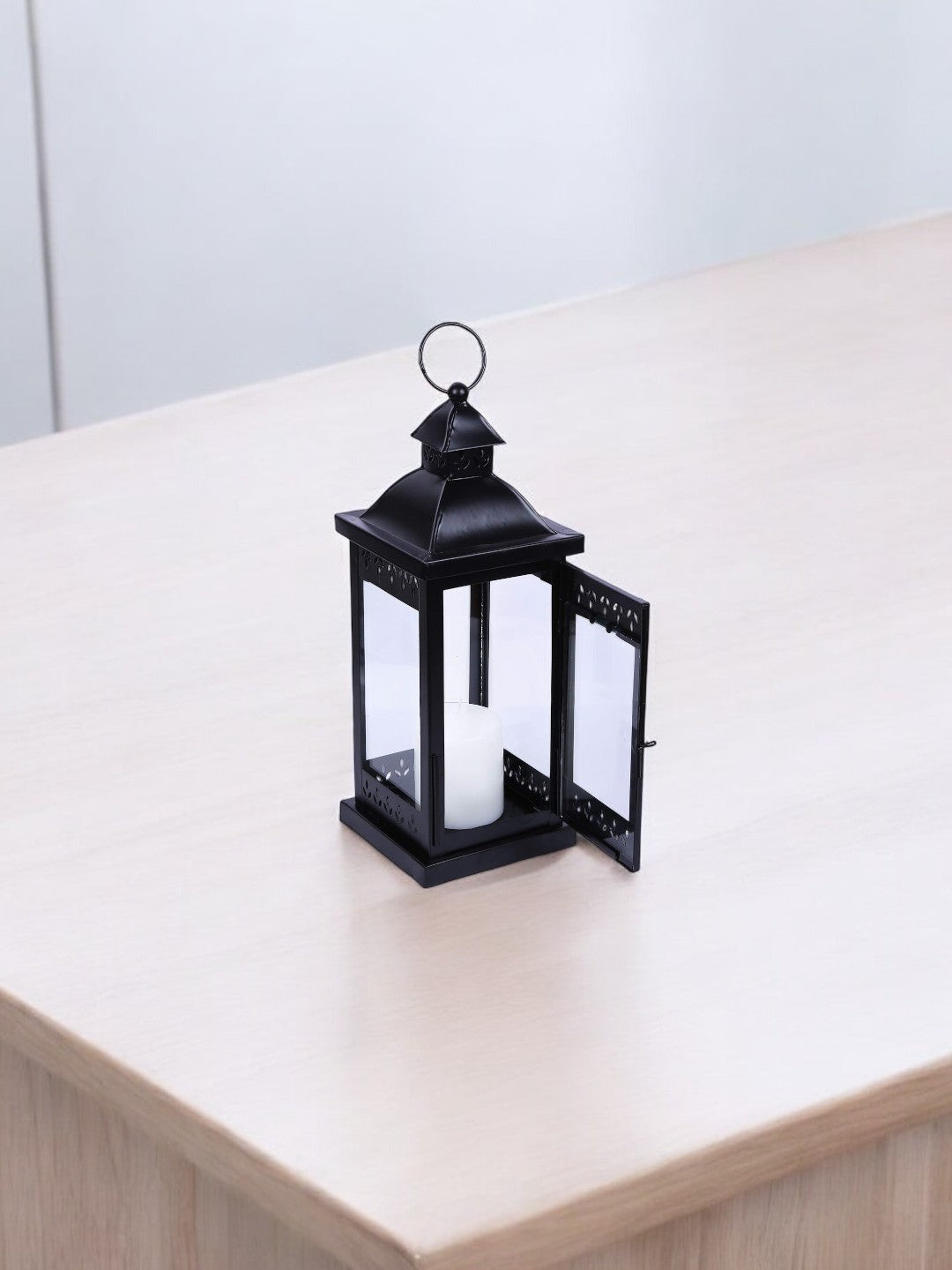 15 Inch High Large Clear Glass Iron Classic Style Lantern Black. Ideal Gift for Parties Weddings Aromatherapy and LED Spa Settings