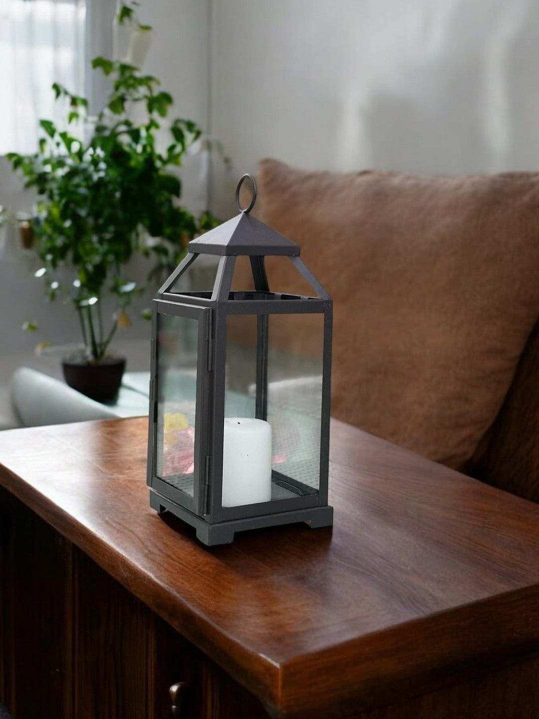 14 Inch High Large Clear Glass Iron Classic Style Lantern Elegant Candle Holder for Home Decor Vintage-Inspired Centerpiece with Stylish Iron Frame Indoor/Outdoor Lighting Accent Timeless