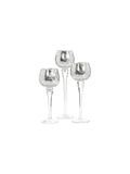 Long Stem Glass Crackle Tealight Holders, Metallic Silver Finish, Set of 3, 9", 10" & 12"High