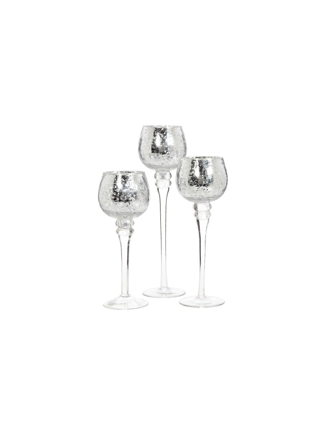 Long Stem Glass Crackle Tealight Holders, Metallic Silver Finish, Set of 3, 9", 10" & 12"High