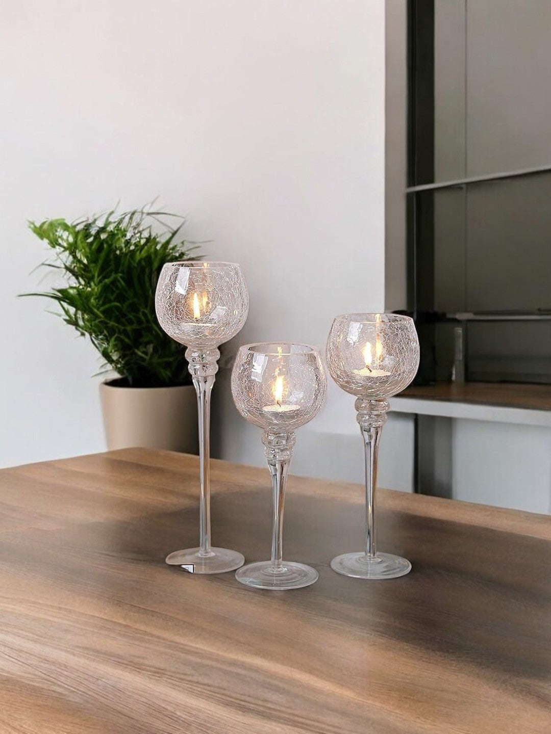 Long Stem Glass Crackle Tealight Holders, Metallic Silver Finish, Set of 3, 9", 10" & 12"High