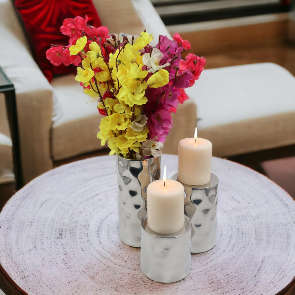 Hammered Pillar Candle Holders | Silver | Set of 3