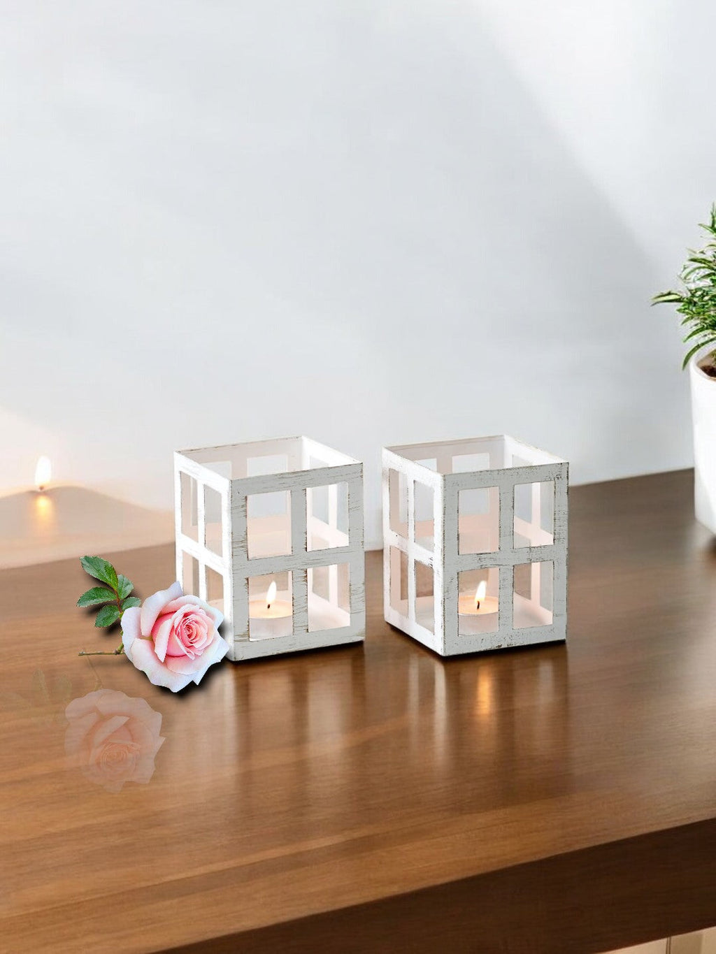 Set of 2 White Iron Lanterns with Free Tealight Candles for Home Decor