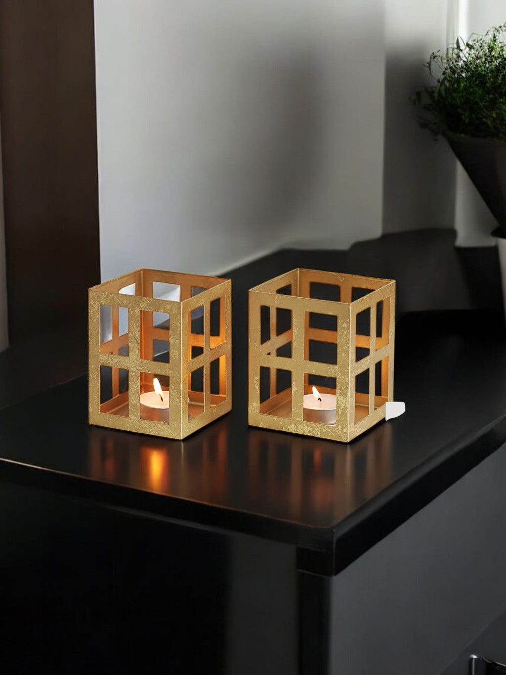 Gold Iron Lantern Set of 2 with Free Tealight Candles for Home Decor