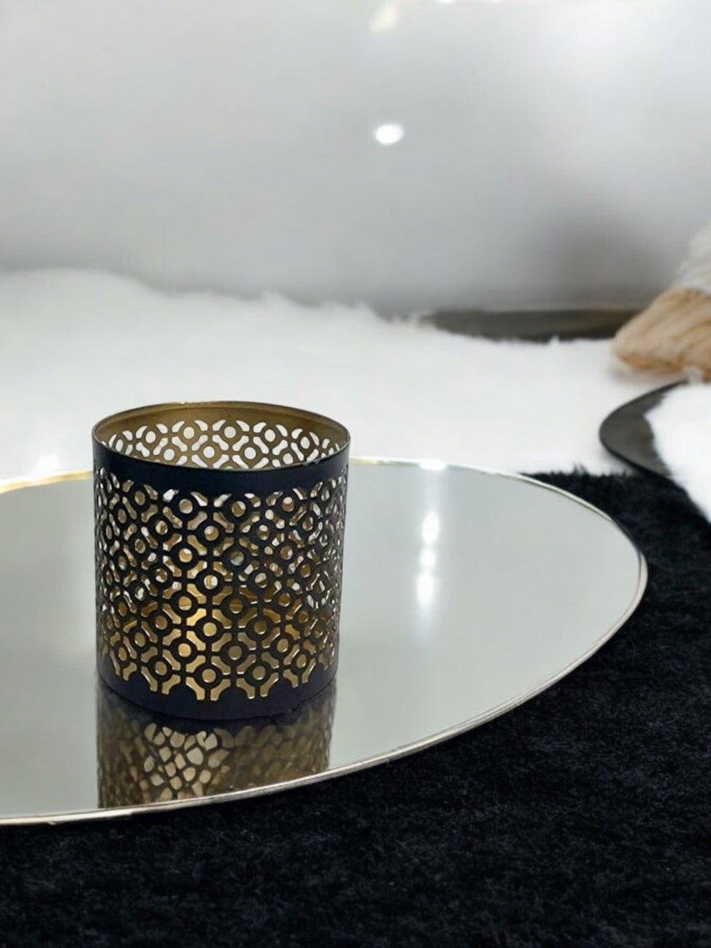Set of 2 Black (Gold Inside) Metal Jar Holder Candle Sleeve 4.5 High. Votive, Tea Light Lanterns Ideal Gift for Weddings, Parties, Spa and Aromatherapy O6