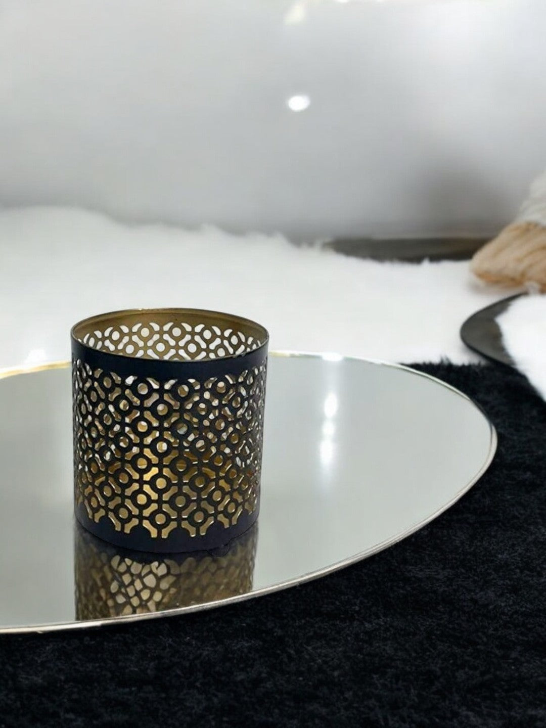 Set of 2 Black (Gold Inside) Metal Jar Holder Candle Sleeve 4.5 High. Votive, Tea Light Lanterns Ideal Gift for Weddings, Parties, Spa and Aromatherapy O6