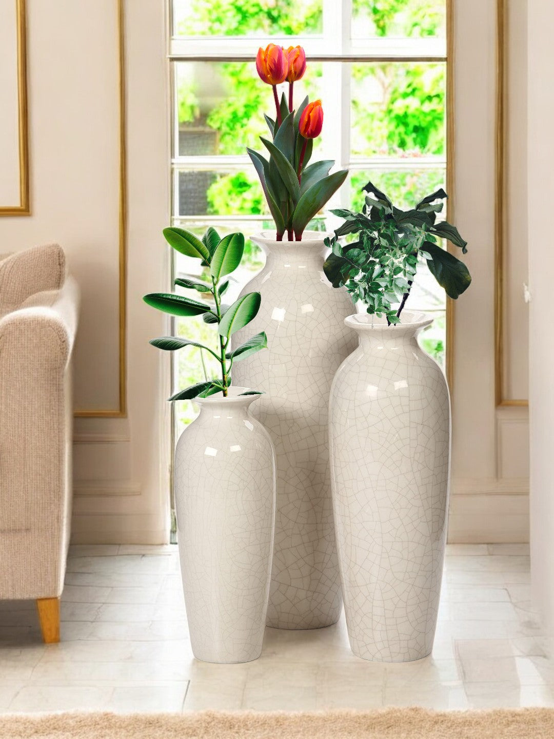 Ceramic Vases, Crackle Ivory Color Ceramic