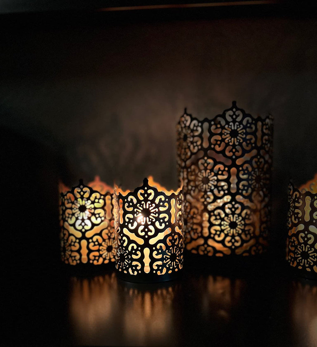 7 Inch High Cut Bronze LED Votive Tealight Holder Lantern Intricate Floral Design for Timeless Elegance and Cozy Illumination in Stylish Home D??cor Elevate Your Ambiance